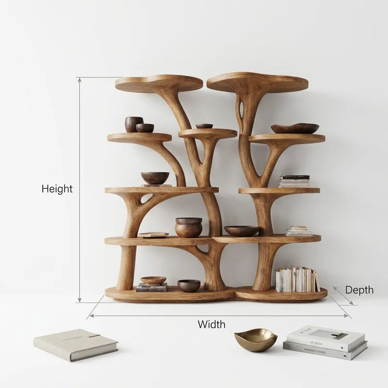 Sculptural Hand-Carved Tree Branch Solid Wood Display Bookshelf