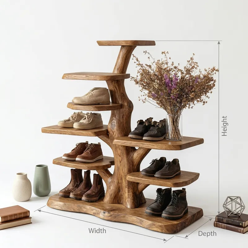 Sculptural Hand-Carved Tree Branch Solid Wood Entryway Shoe Rack