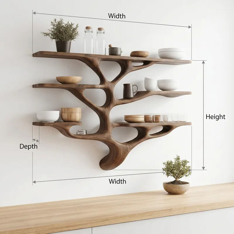 Sculptural Hand-Carved Tree Branch Solid Wood Kitchen Wall Shelf & Tableware Display