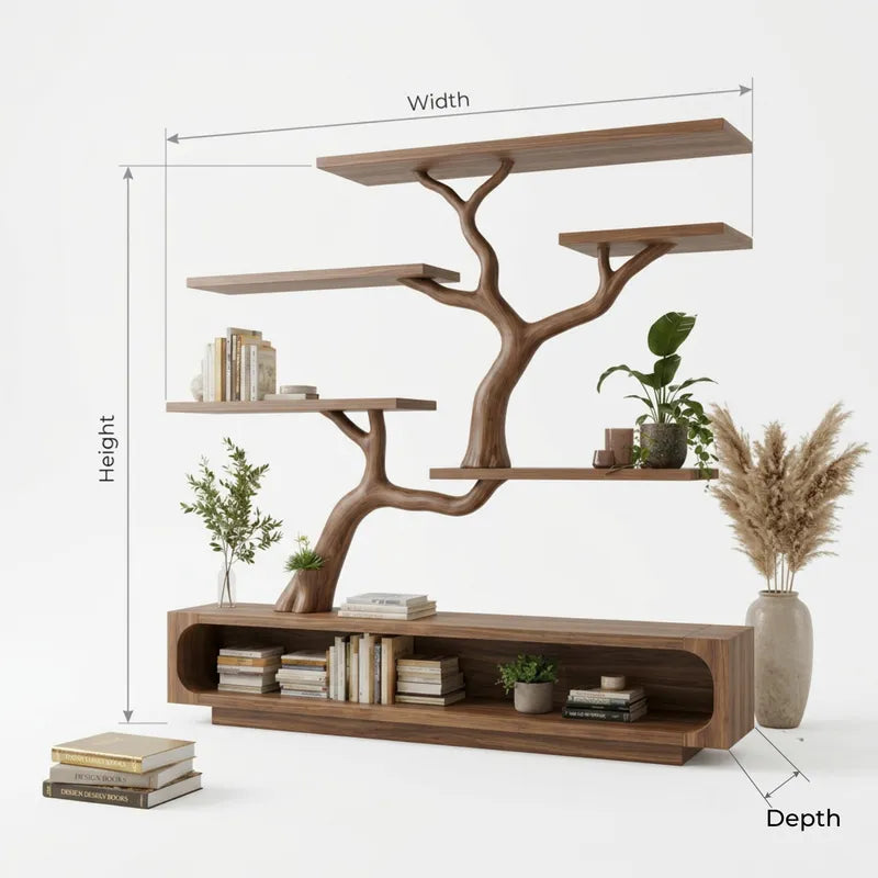 Sculptural Hand-Carved Tree Branch Solid Wood Media Console & Wall Bookshelf System
