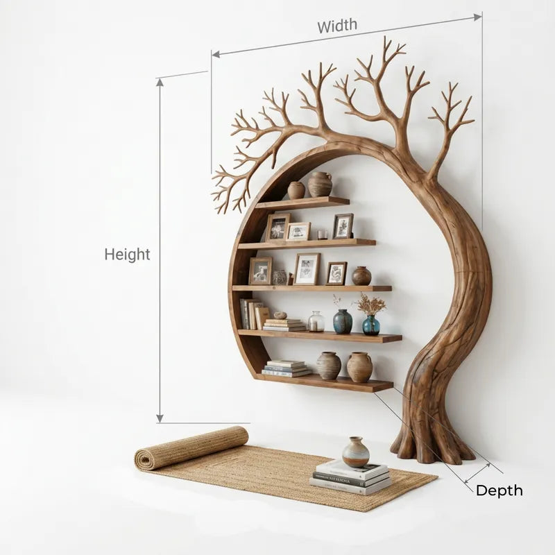 Sculptural Hand-Carved Tree Moon Solid Wood Bookshelf & Architectural Display Unit