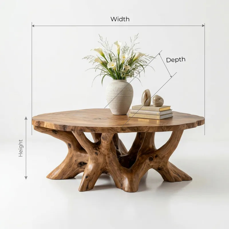 Sculptural Hand-Carved Tree Root Round Solid Wood Coffee Table & Sprawling Branch Base