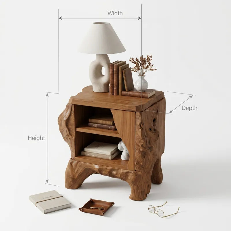 Sculptural Hand-Carved Tree Root Solid Wood Nightstand & 2-Tier Bedside Table
