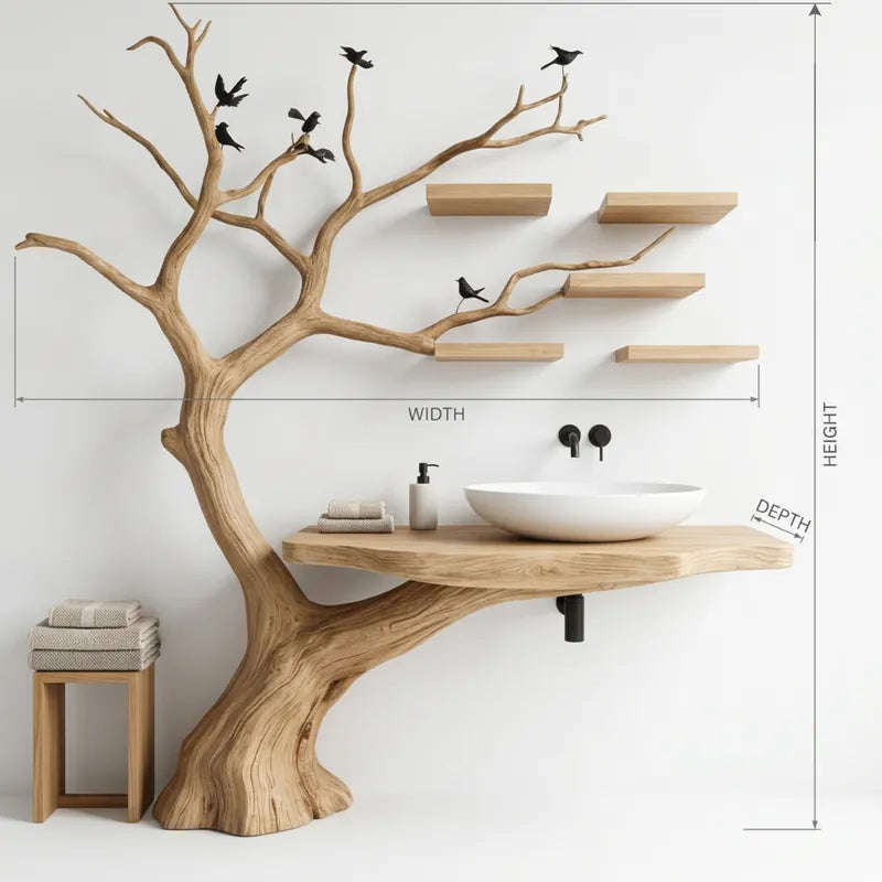 Sculptural Hand-Carved Tree Solid Wood Bathroom Vanity & Sprawling Branch Wall Unit