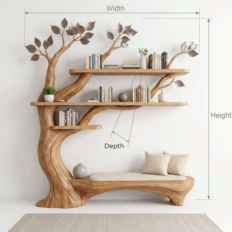 Sculptural Hand-Carved Tree Solid Wood Bookshelf & Branch Wall Display Unit with Integrated Low Reading Bench