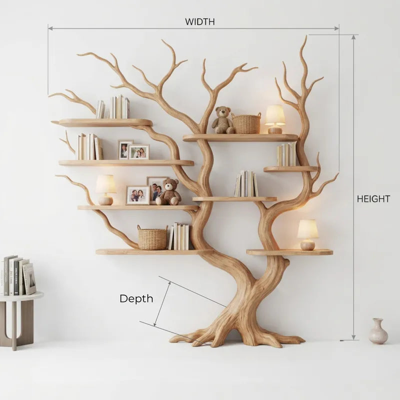 Sculptural Hand-Carved Tree Solid Wood Bookshelf & Sprawling Branch Wall Display Unit