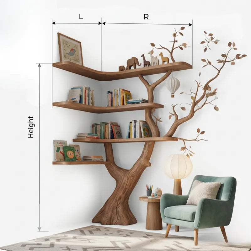 Sculptural Hand-Carved Tree Solid Wood Corner Bookshelf & Sprawling Branch Display Unit