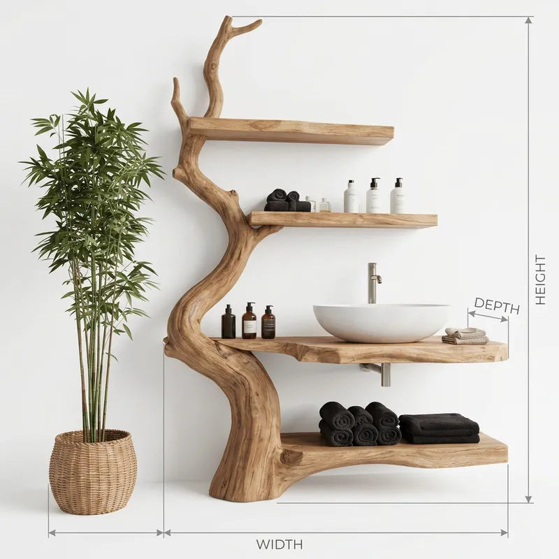Sculptural Hand-Carved Tree Trunk Solid Wood Bathroom Vanity with Multi-Tier Branch Shelves