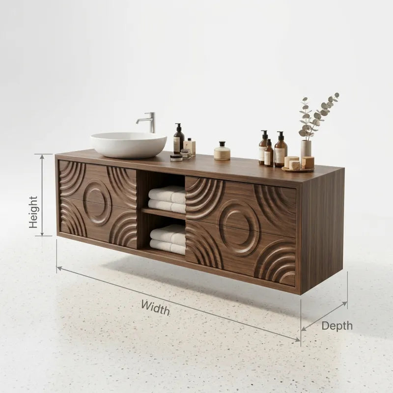 Sculptural Hand-Carved Wave Solid Wood Floating Bathroom Vanity