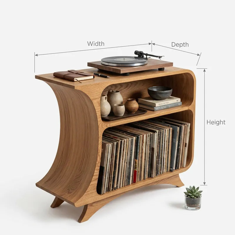 Sculptural Handcrafted Arched Solid Wood Vinyl Record Player Stand & Media Console Cabinet