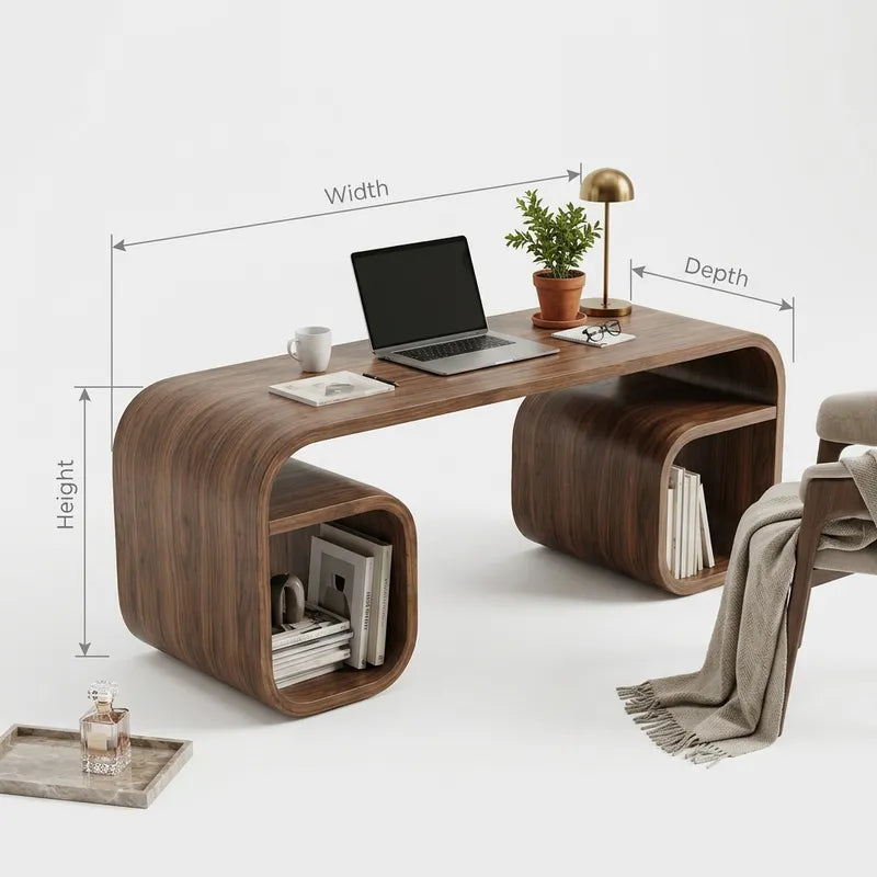 Sculptural Handcrafted Bentwood Bridge Solid Wood Desk & Dual Loop Cubby Writing Table