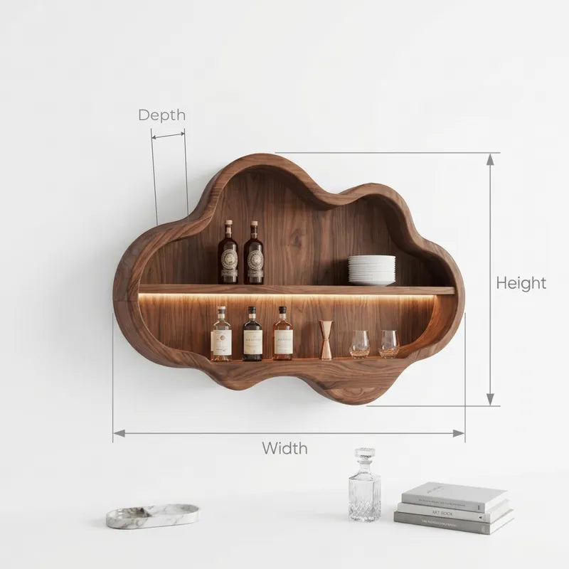 Sculptural Handcrafted Cloud Solid Wood Wall Bar Cabinet with Backlit LED Illumination