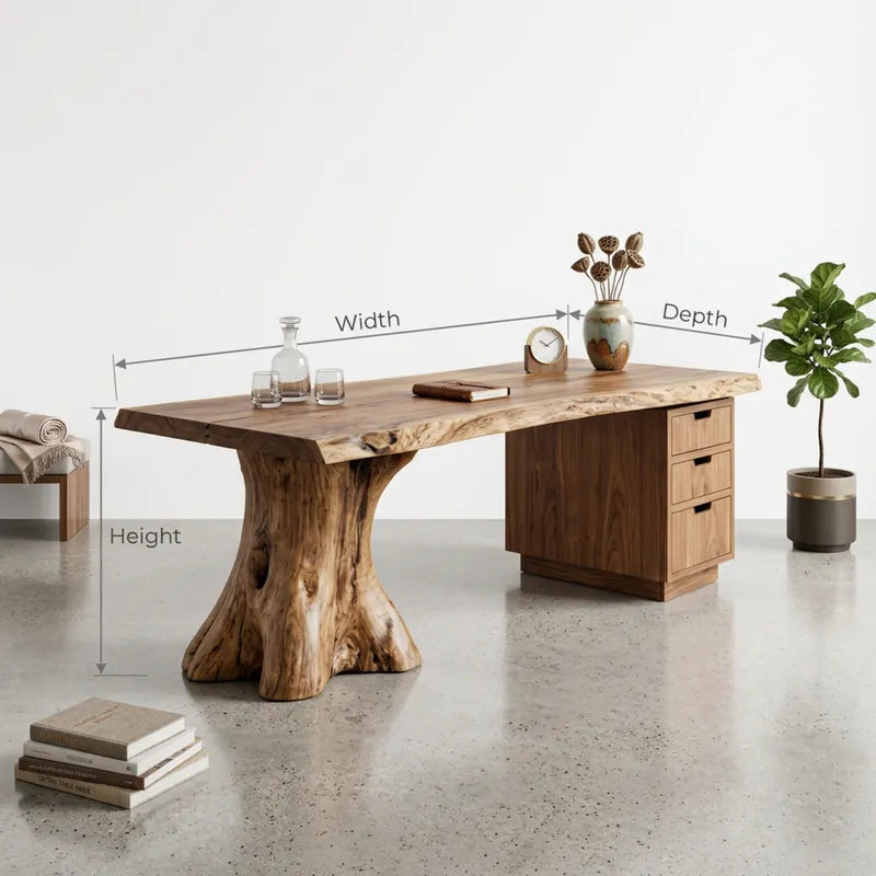 Sculptural Handcrafted Live Edge Solid Wood Executive Desk with Tree Trunk Pedestal Bases