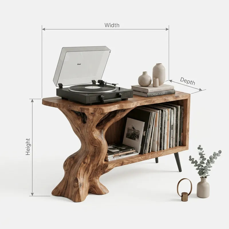 Sculptural Handcrafted Live Edge Tree Trunk Solid Wood Vinyl Record Player Stand & Media Console
