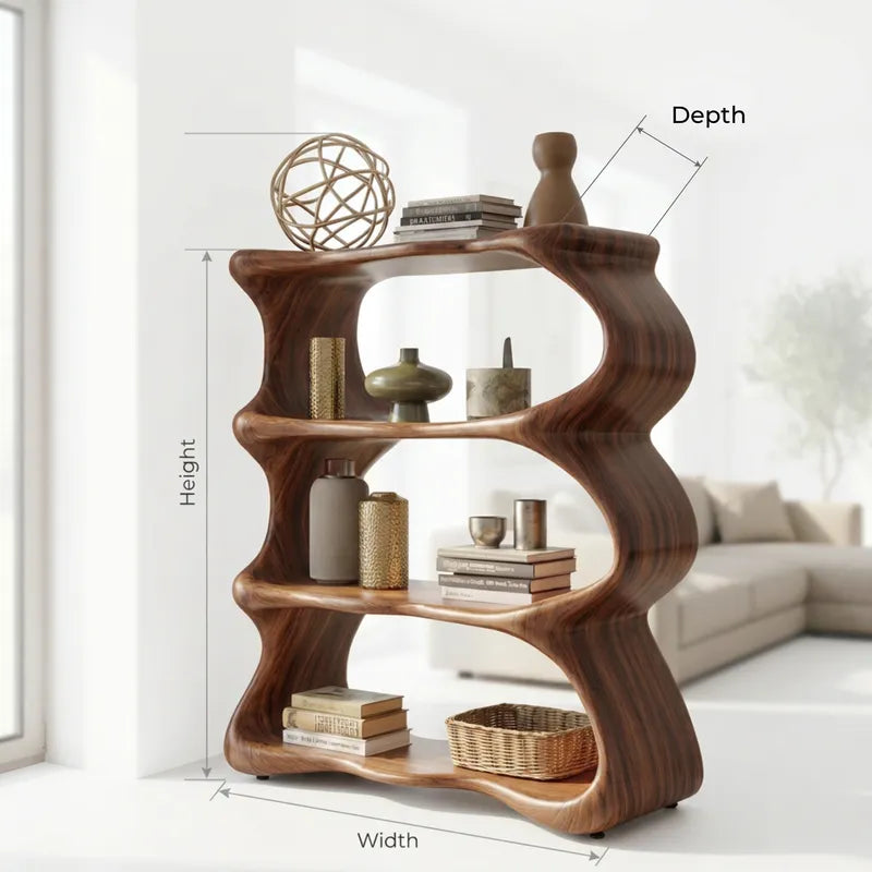 Sculptural Handcrafted Organic Wavy Solid Wood Display Shelf