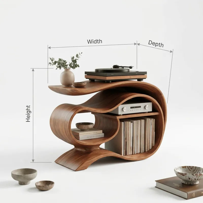 Sculptural Handcrafted Ribbon Solid Wood Vinyl Record Player Stand & Media Console