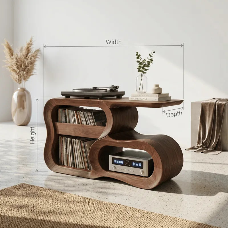 Sculptural Handcrafted S-Curve Solid Wood Vinyl Record Player Stand & Hi-Fi Media Console