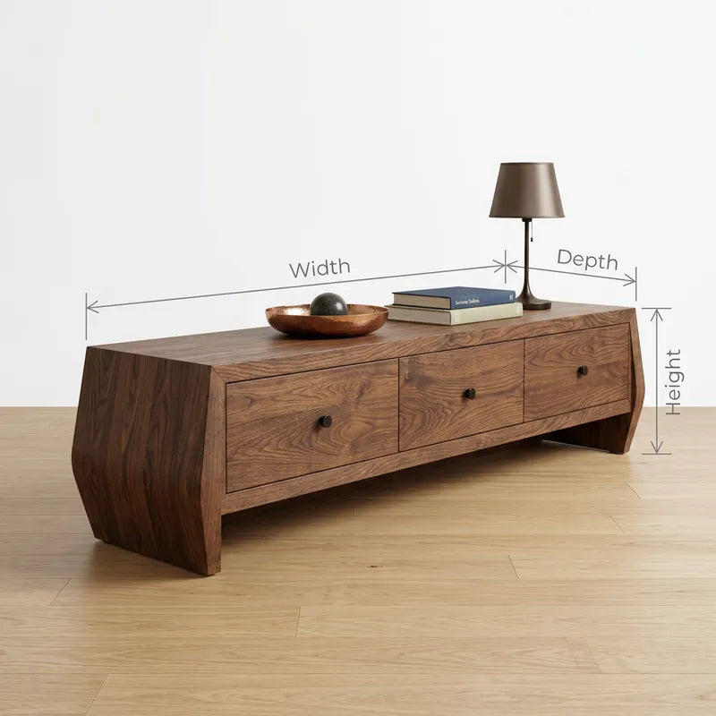 Sculptural Handcrafted Solid Wood Low-Profile TV Stand & 3-Drawer Media Console