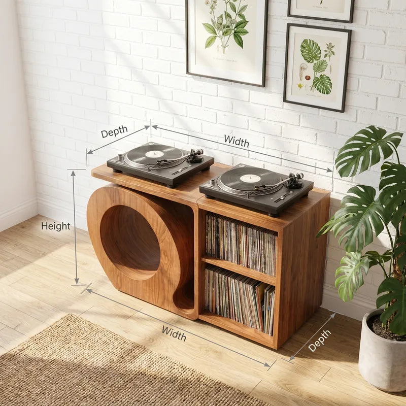 Sculptural Handcrafted Solid Wood Vinyl Record Storage Console with Circular Tunnel Base
