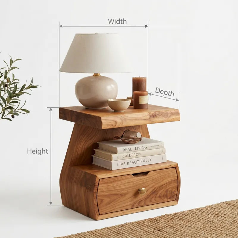 Sculptural Handcrafted Stepped Solid Wood Nightstand & Bedside Table with Storage Drawer