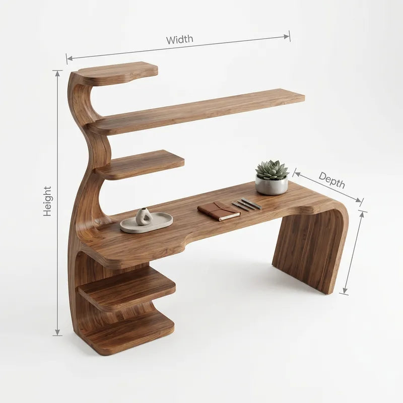 Sculptural Handcrafted Wave Solid Wood Executive Desk with Integrated Bookshelf Hutch
