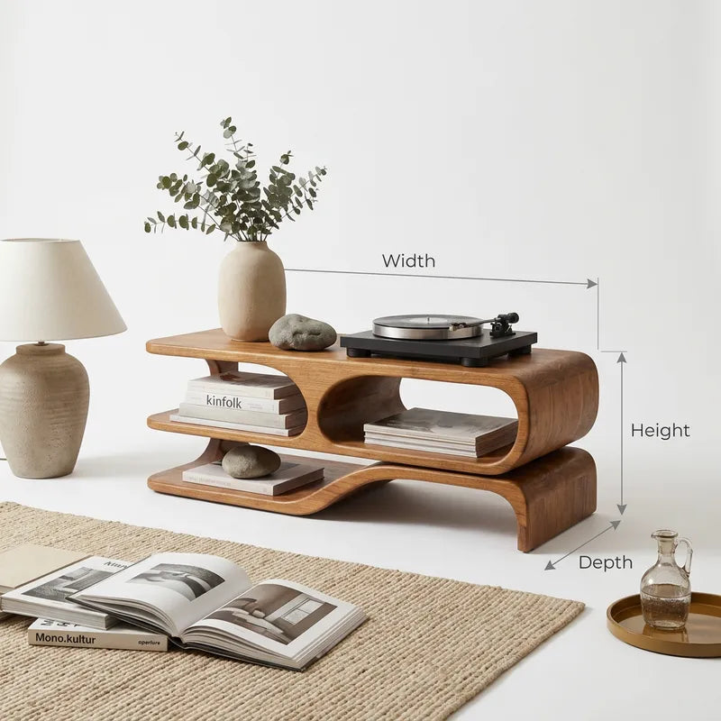 Sculptural Handcrafted Wave Solid Wood Turntable Stand & Low-Profile Audio Console