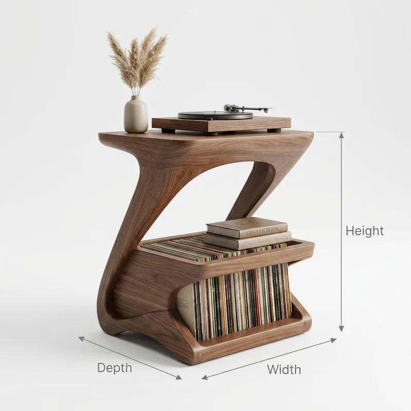 Sculptural Handcrafted Z-Shape Solid Wood Turntable Stand & 2-Tier Vinyl Record Storage Rack