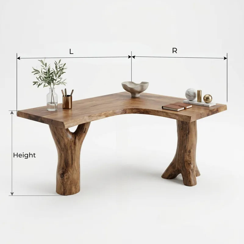 Sculptural Live Edge Executive Desk with Tree Trunk Pedestal Legs