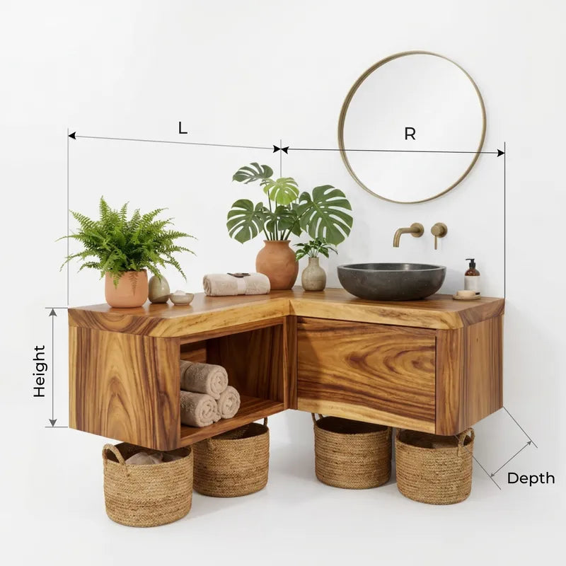 Sculptural Live Edge L-Shaped Solid Wood Floating Bathroom Vanity