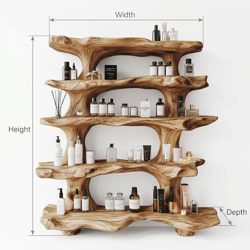 Sculptural Live Edge Solid Wood Multi-Tier Perfume & Skincare Display Shelf