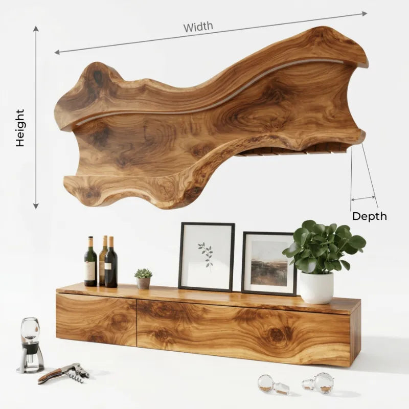 Sculptural Live Edge Solid Wood Wall Wine Rack with Backlit LED & Stemware Glass Holder