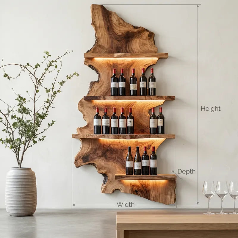 Sculptural Live Edge Solid Wood Wine Display Shelf