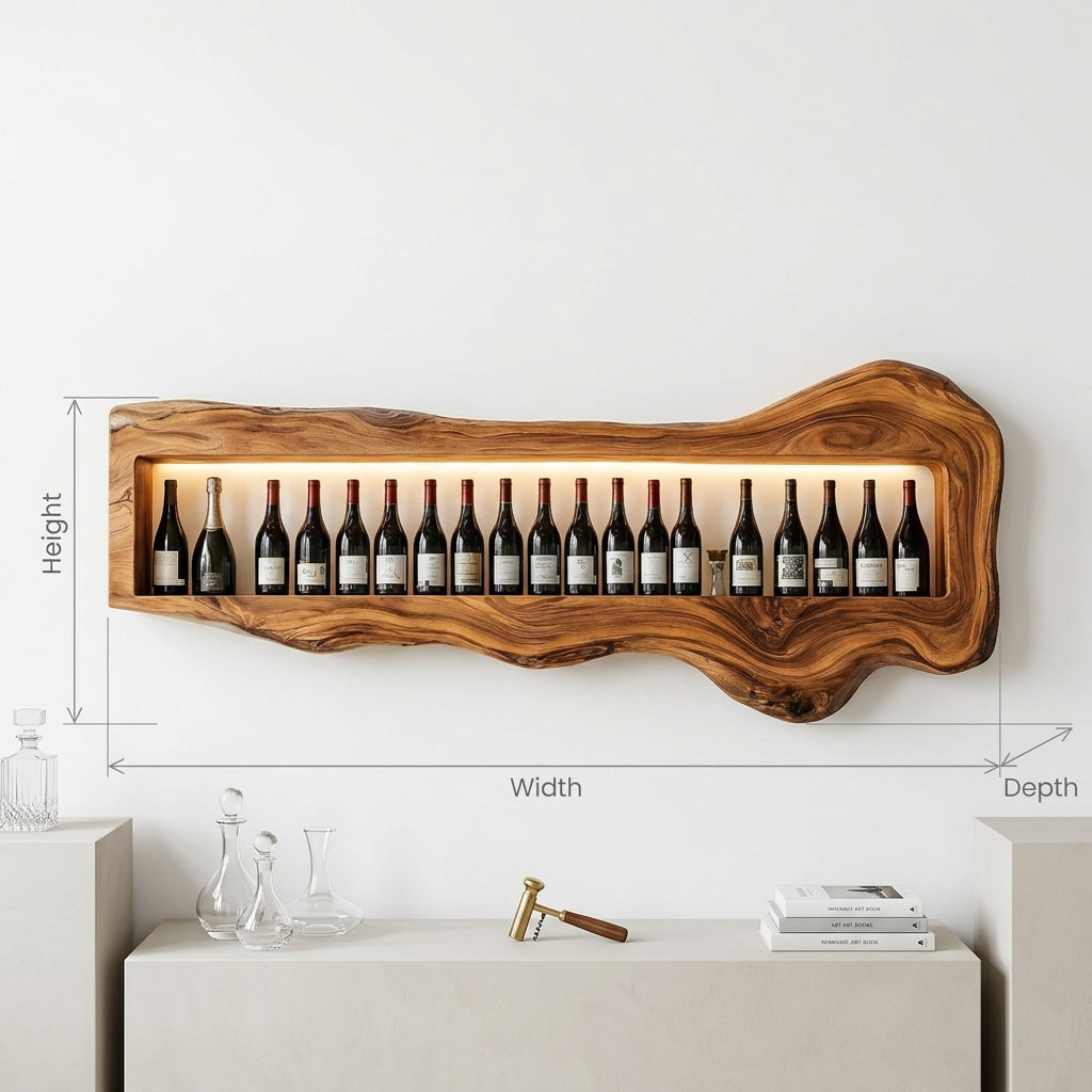 Sculptural Live Edge Solid Wood Wine Shelf with LED Lighting