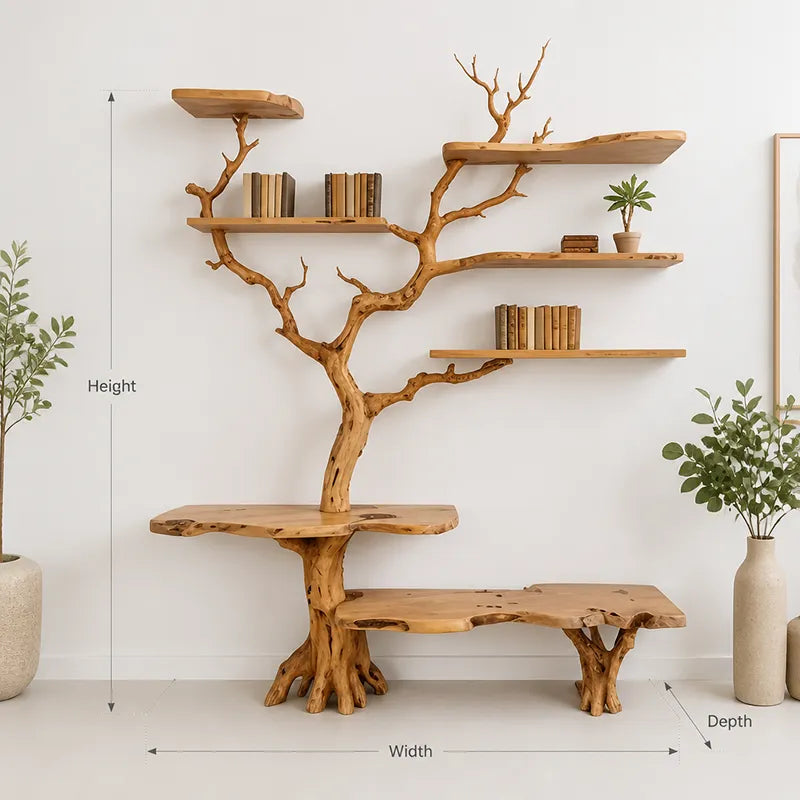 Sculptural Live Edge Tree Branch Bookshelf – Handcrafted Floating Solid Wood Bookcase