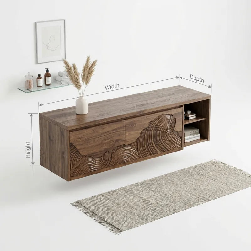 Sculptural Ocean Wave Floating Solid Wood Bathroom Vanity