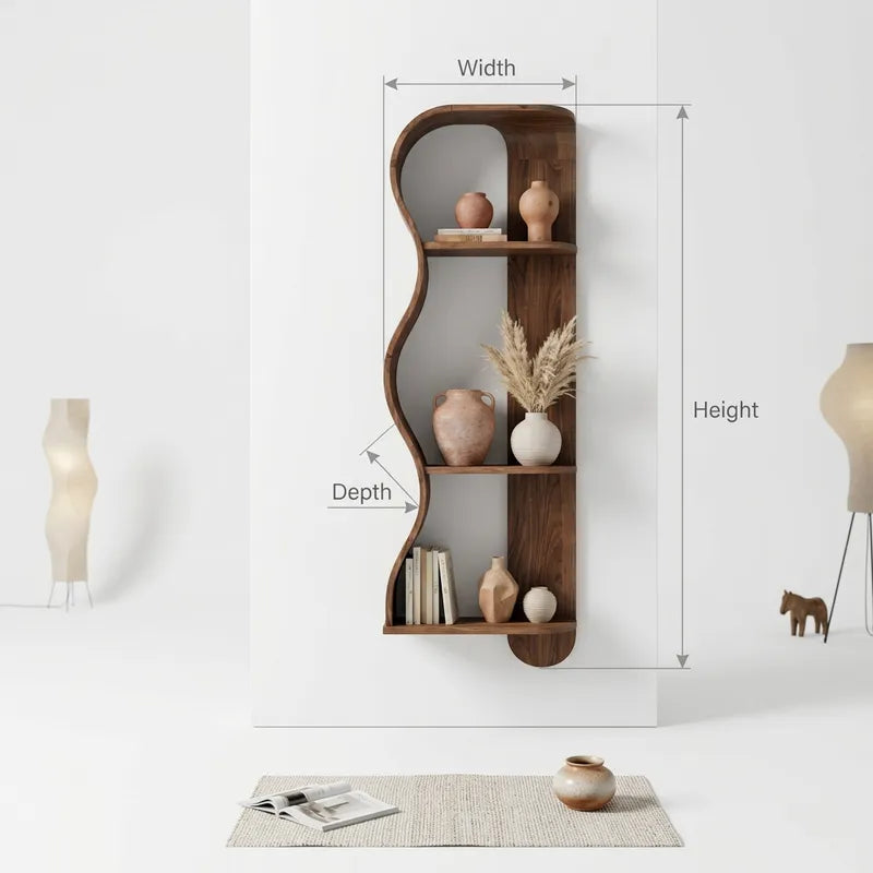 Sculptural Organic Wavy Solid Wood Wall-Mounted Display Shelf