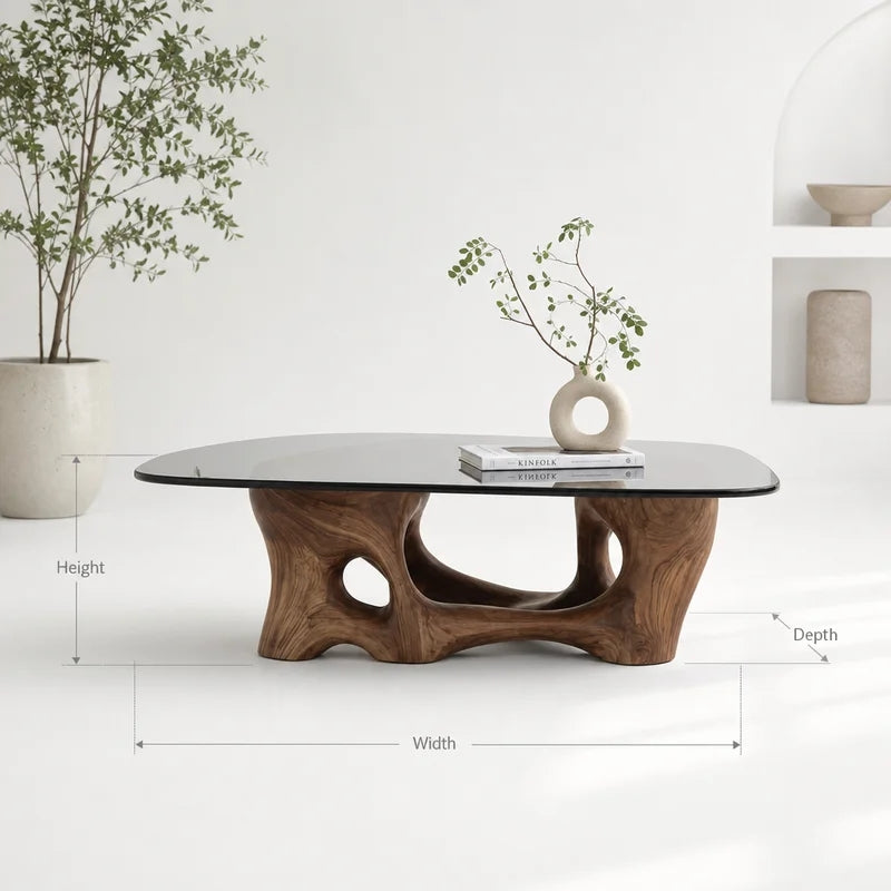 Sculptural Organic Wood Base Glass Top Coffee Table - Modern Living Room Centerpiece