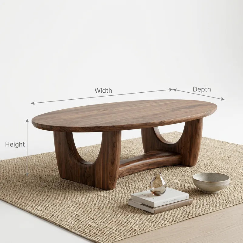 Sculptural Oval Solid Wood Coffee Table with Arched Cradle Base