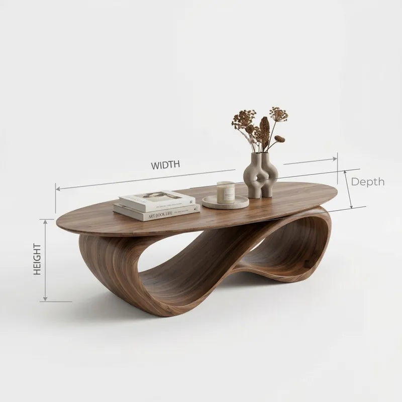 Sculptural Oval Solid Wood Coffee Table with Continuous Infinity Wave Base