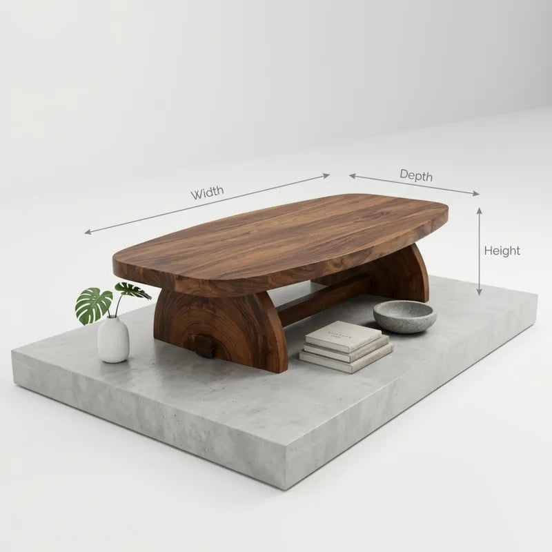 Sculptural Oval Solid Wood Slab Coffee Table with Crescent Pedestal Base