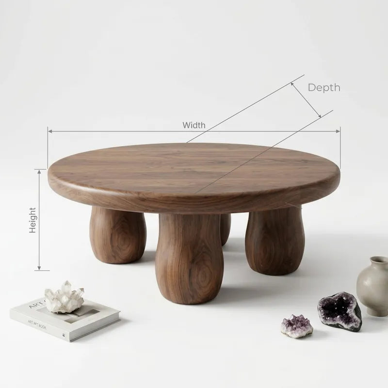 Sculptural Round Solid Wood Coffee Table with Lower Storage Shelf