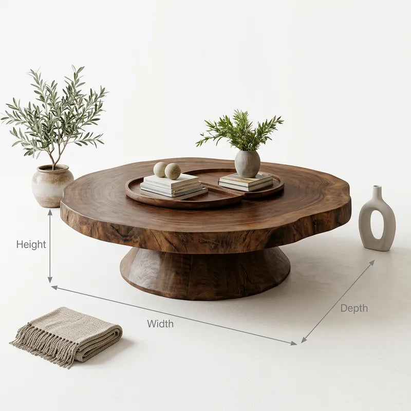 Sculptural Round Solid Wood Live Edge Slab Coffee Table with Conical Pedestal Base