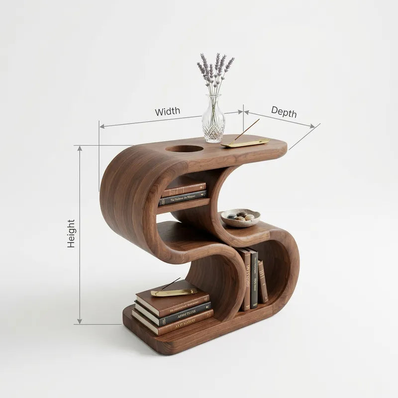 Sculptural S-Shaped Solid Wood End Table & Multi-Tier Accent Shelf