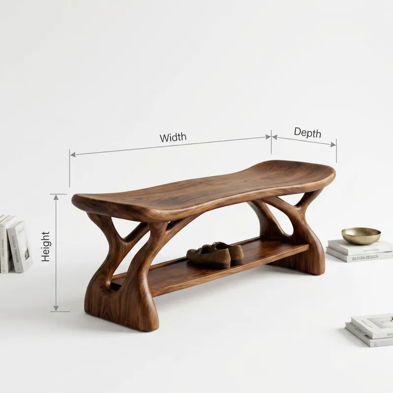 Sculptural Saddle-Seat Solid Wood Entryway Shoe Bench with Lower Storage Shelf