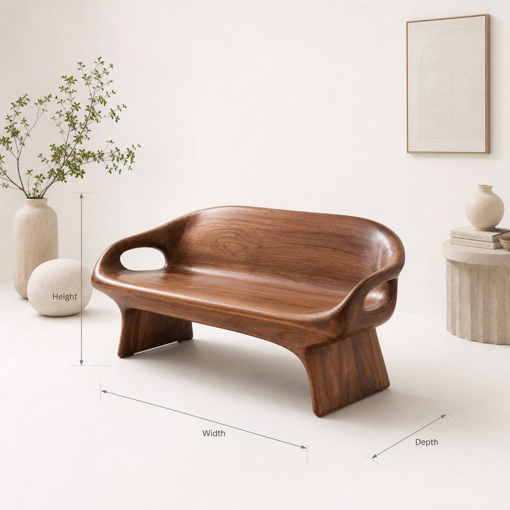 Modern organic sculptural solid wood bench handmade for artistic room seating