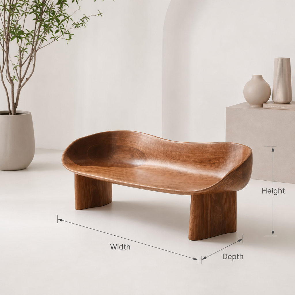 Modern organic sculptural solid wood bench handmade for artistic hallway seating
