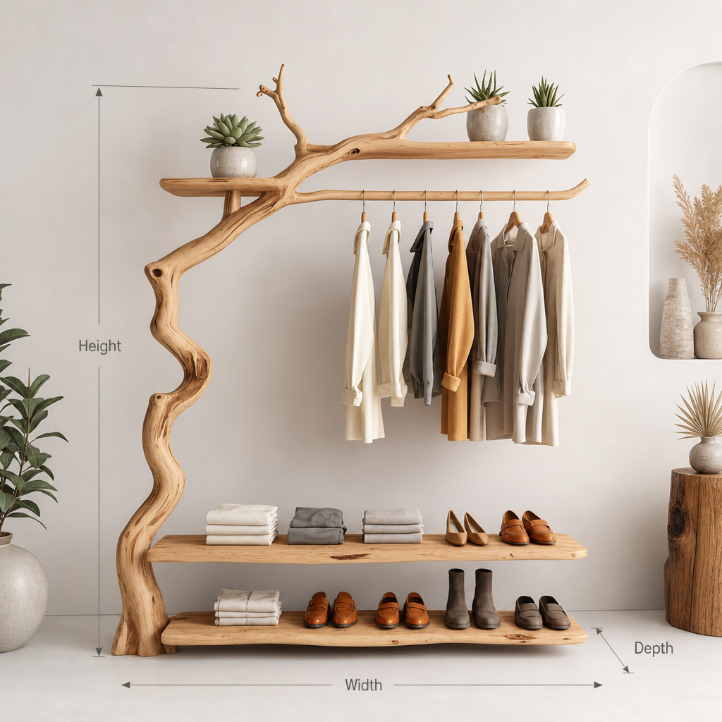 Sculptural live edge solid wood hall tree entryway coat rack hanger