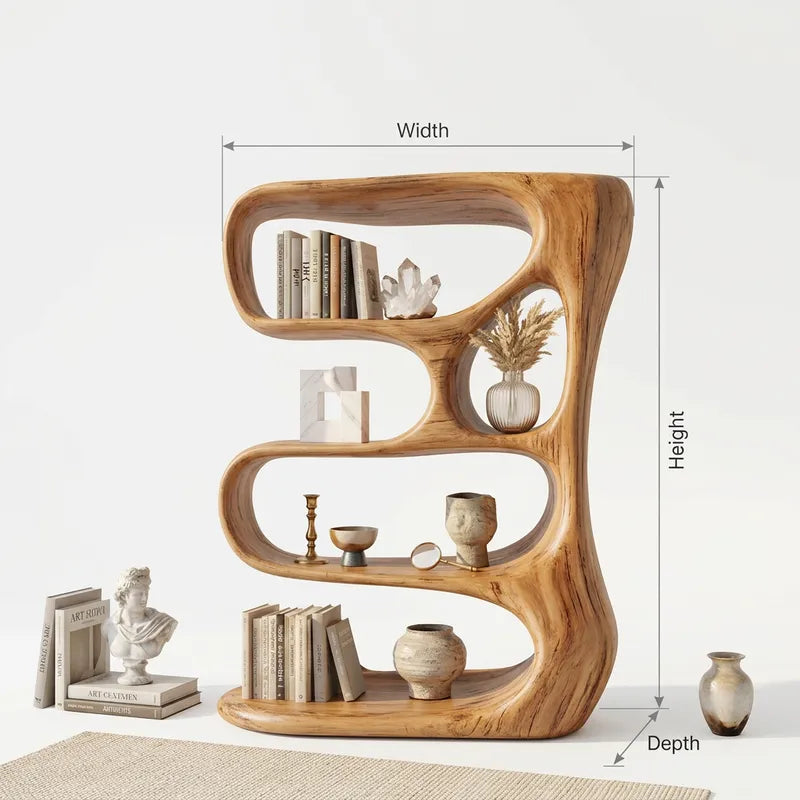 Sculptural Solid Wood Hand-Carved Bookshelf & Organic Display Unit