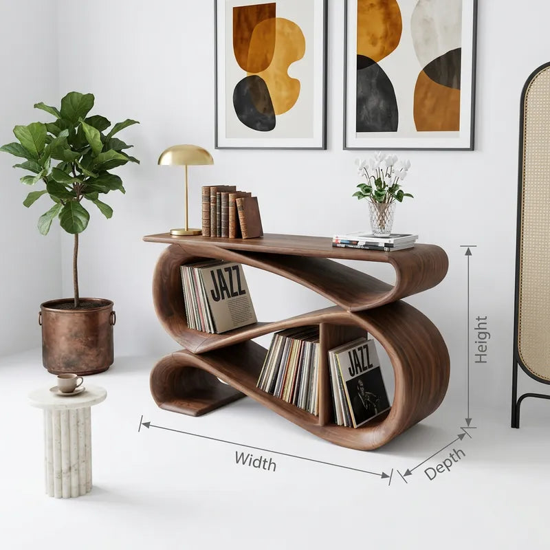 Sculptural Solid Wood Infinity Loop Record Player Console & Accent Table