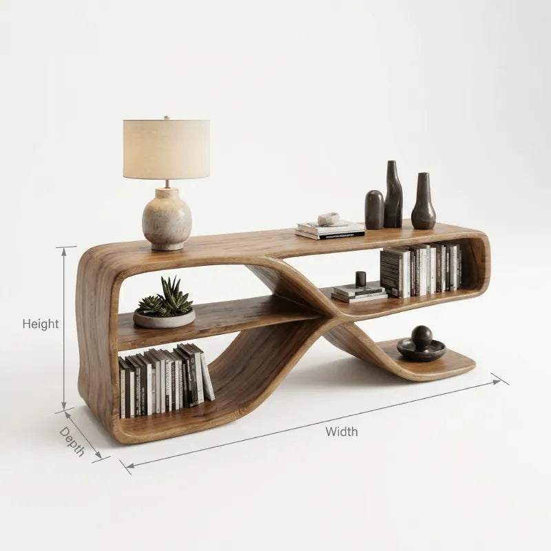 Sculptural Solid Wood Open Sideboard - Hand-Carved Wave Bookshelf